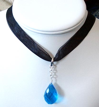 Black Ribbon With Blue Quartz Drop Necklace