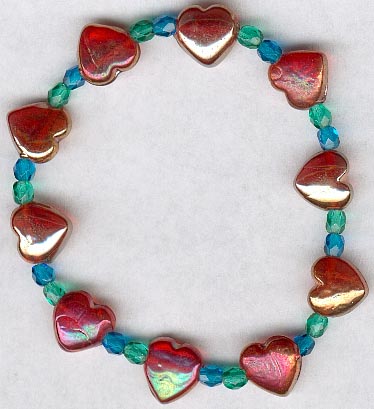 Red Hearts With Green & Blue Stretch Bracelet