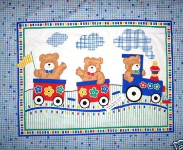 Teddy Bear Train Cars Engine new Quilt Fabric Panel to Sew