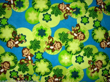 Whimsical Monkey and flowers toddler drag along Blue fleece blanket