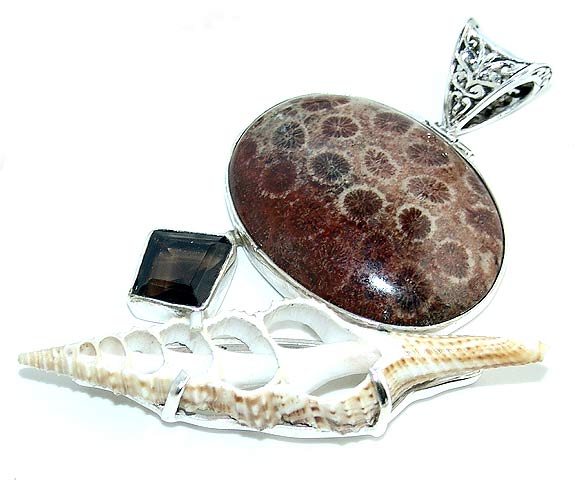 Fossil coral pendant topaz sea shell sterling silver :  necklace jewelry jewellery ocean shell