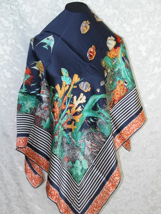 100% Silk Scarf Hand Rolled Satin Coral Reef : hand rolled silk scarf fishes maritime scarf silk scarf coral reef