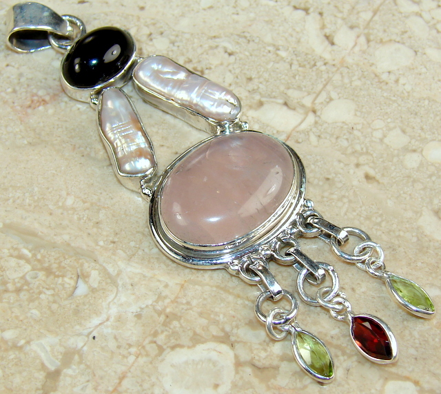 Rose quartz onyx peridot garnet pearl pendant sterling silver :  necklace jewellery natural pearl blister pearl