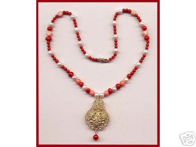 Coral Pearls Necklace 14 K Yellow Gold :  pearl filigree classical gold