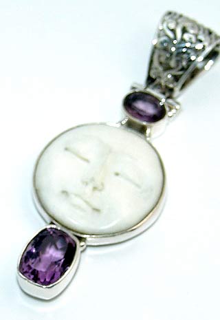 Carved Bone Moon Face Large Amethyst Gemstones Pendant :  gemstones jewellery carved moon carved face