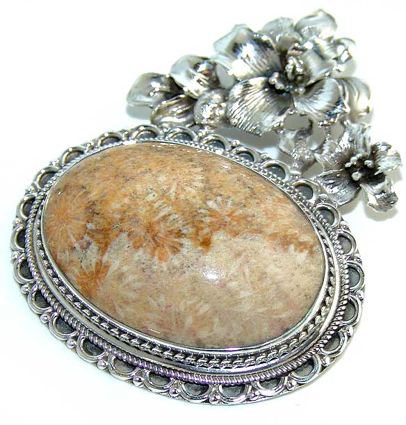 Fossil Coral Large Pendant Sterling Silver Beautiful :  jewelry new sterling silver beige
