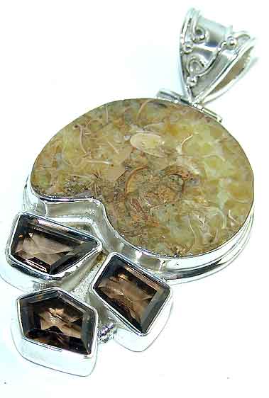 Ammonite fossil smoky topaz sterling silver pendant :  gemstone pendants topaz pendant