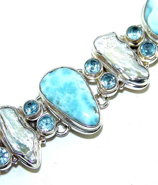 Larimar BIWA Pearl Topaz 925 Sterling Silver Bracelet