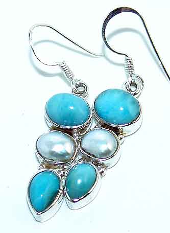 EARRINGS - Gemstone Earrings - Larimar Biwa Pearl Sterling Silver Earrings :  gemstone pearl biwa sterling