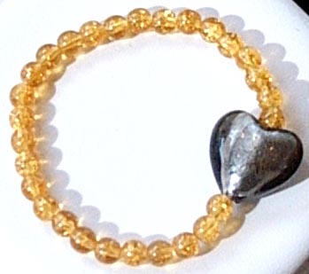 Grey Foil Heart & Topaz Round Glass Bead Stretch Bracelet