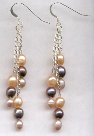 Sterling Silver 3 Dangle Fresh Water Pearls Earrings