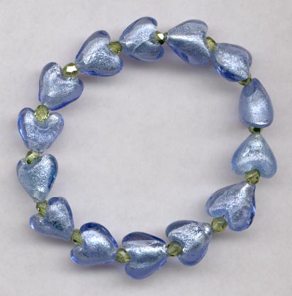 Blue Foil Glass Hearts With Green Stretch Bracelet