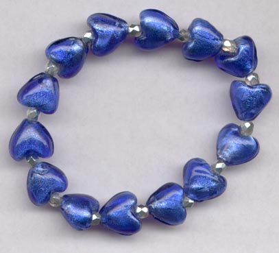 Cobalt Blue Foil Glass Hearts With Silver Glass Stretch Bracelet