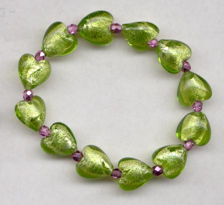 Green Foil Glass Hearts With Pink Glass Stretch Bracelet
