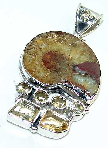 Ammonite fossil pendant natural citrine gemstones jewelry silver :  gemstones sterling silver citrine fossil
