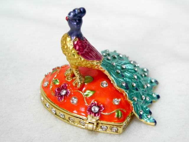 Jewelry box peacock bird trinket painted Rhinestones :  jewelry box bejeweled box bird gift box peacock box