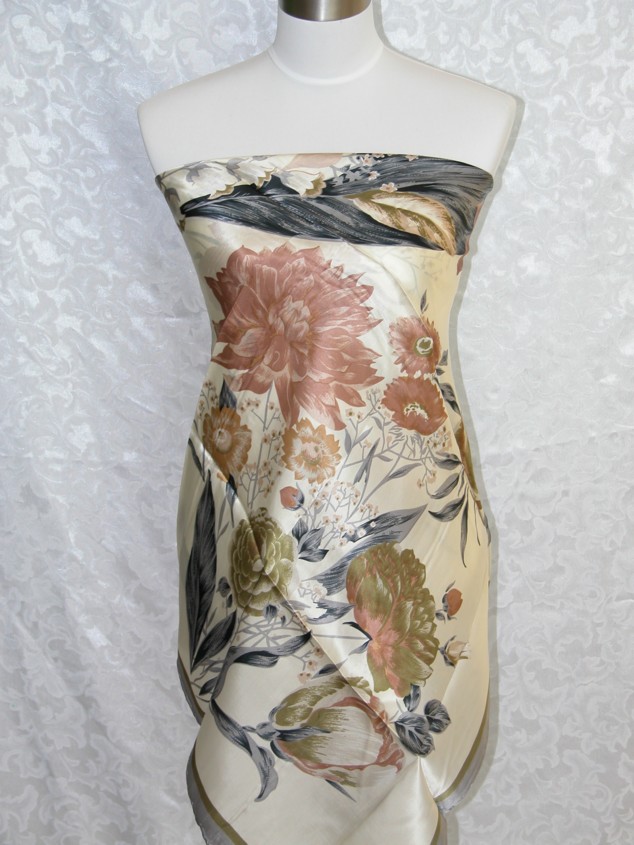 Silk Scarf Garden Flowers Floral Classic Hand Rolled