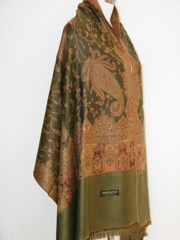 Pashmina Cashmere Shawl Paisley Brown Gold Olive NWT :  shawl pashmina shawl warm scarf classic treasures
