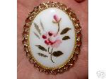Porcelain Brooch Hand Painted Oval Floral Pink Flowers :  floral pendant vintage porcelain