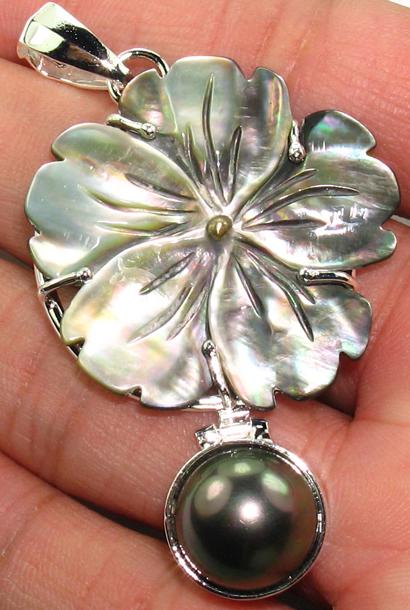 Black Pearl Carved Shell Pendant Sterling Silver Flower :  pearl classic treasures pendant pearl jewelry