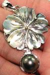 Black Pearl Carved Shell Pendant Sterling Silver Flower from classiquetreasures.org