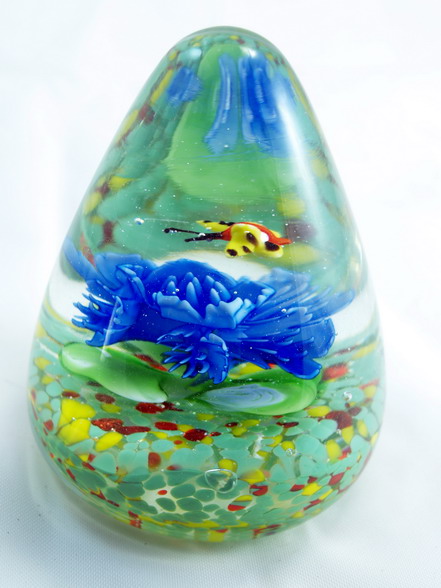 Glass paperweight blue flower yellow butterfly hand blown :  studio blue glass office glass art