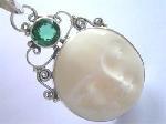 Carved Bone Moon Face Silver Pendant Green Quartz Gem :  gemstone moon face carved bone pendant
