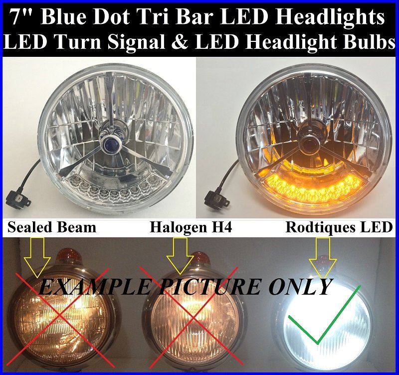 7/" Tri Bar Clear Dot Street Hot Rat Rod H4 Headlights w// LED Turn Signals