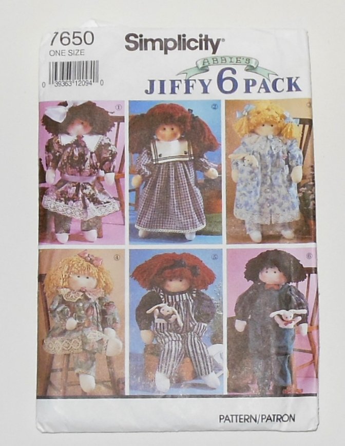 Simplicity Jiffy 6 Pack 22 Inch Rag doll Clothing Sewing Pattern 7650