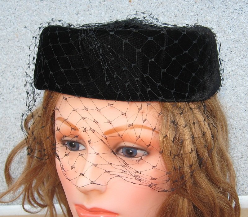 Vintage Black Velvet Pill Box Hat with Veil Netting