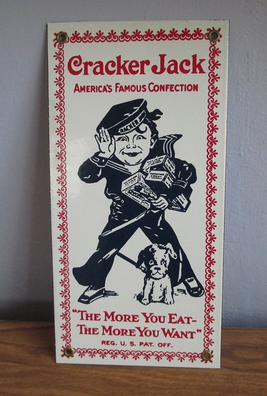 Vintage Porcelain Cracker Jack Sign, 6 x 12 inch