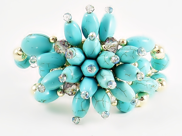 Turquoise Flower Cluster Beaded Four Strand Strech Bracelet from iblingu.com