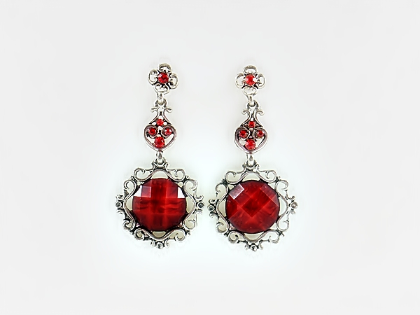 Red and Silver Round Filigree Post Earrings with Red Rhinestone Accents from iblingu.com