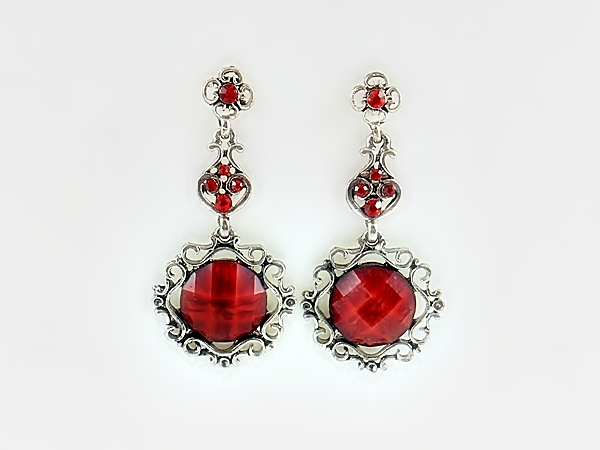 Red and Silver Round Filigree Post Earrings with Red Rhinestone Accents from iblingu.com