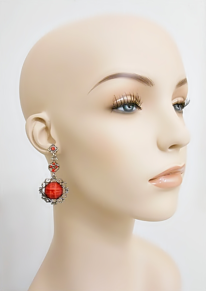 Red and Silver Round Filigree Post Earrings with Red Rhinestone Accents from iblingu.com