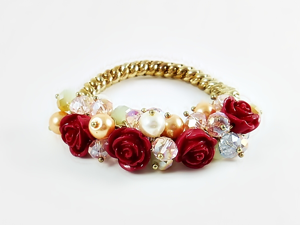 Red Rose Crystal & Pearl Flower Cluster Gold Stretch Bracelet from iblingu.com