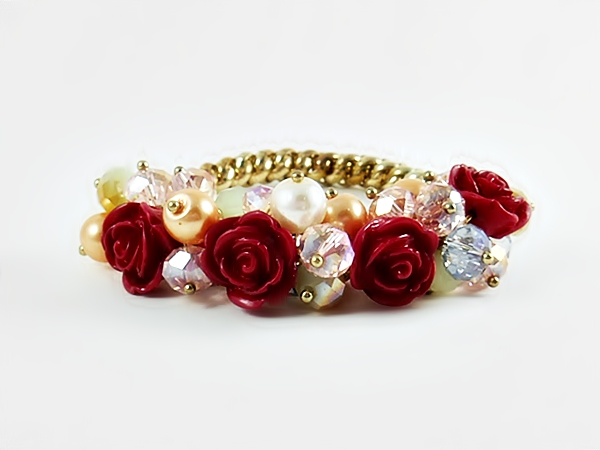 Red Rose Crystal & Pearl Flower Cluster Gold Stretch Bracelet from iblingu.com