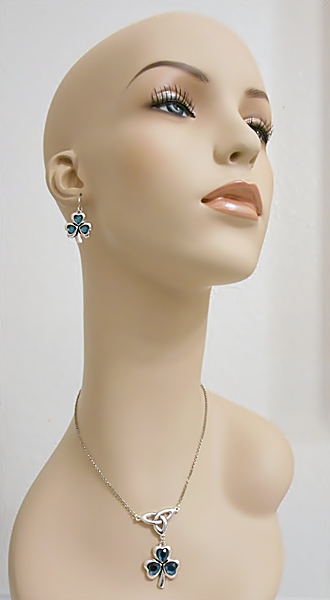 Teal Green Clover and Celtic Knot Pendant Silver Necklace with Matching Clover Dangle Hook Earrings