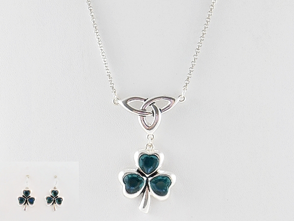 Teal Green Clover and Celtic Knot Pendant Silver Necklace with Matching Clover Dangle Hook Earrings
