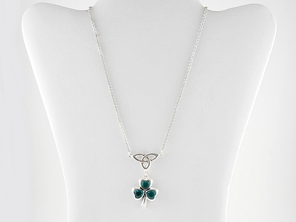 Teal Green Clover and Celtic Knot Pendant Silver Necklace with Matching Clover Dangle Hook Earrings