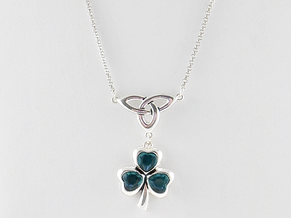 Teal Green Clover and Celtic Knot Pendant Silver Necklace with Matching Clover Dangle Hook Earrings
