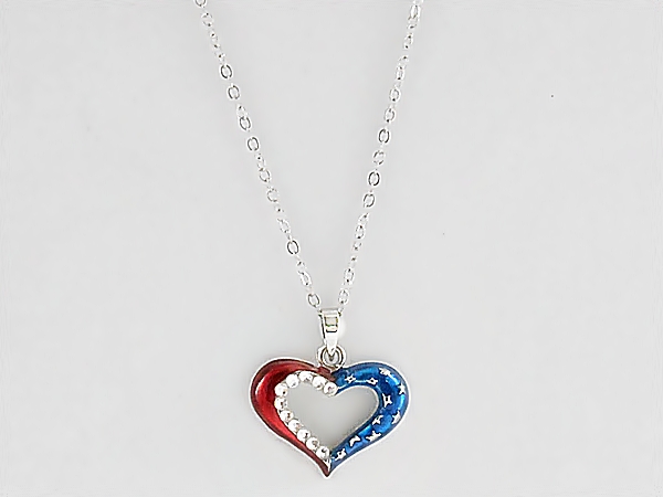 Patriotic Heart Pendant Necklace in Silver, Red, White, and Blue with Rhinestone Accents