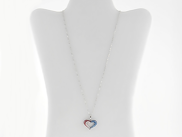 Patriotic Heart Pendant Necklace in Silver, Red, White, and Blue with Rhinestone Accents