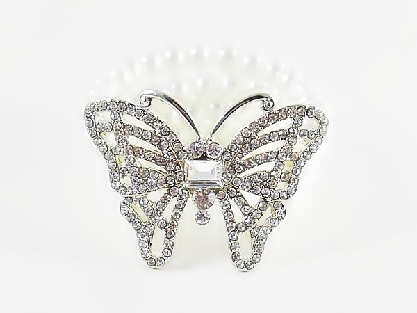 Rhinestone and silver butterfly on 4 line pearl stretch bracelet