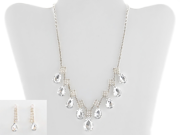 Rhinestone Teardrop Bib Necklace Set with Matching Rhinestone Post Earrings.