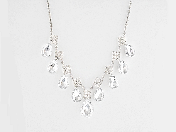 Rhinestone Teardrop Bib Necklace Set with Matching Rhinestone Post Earrings.