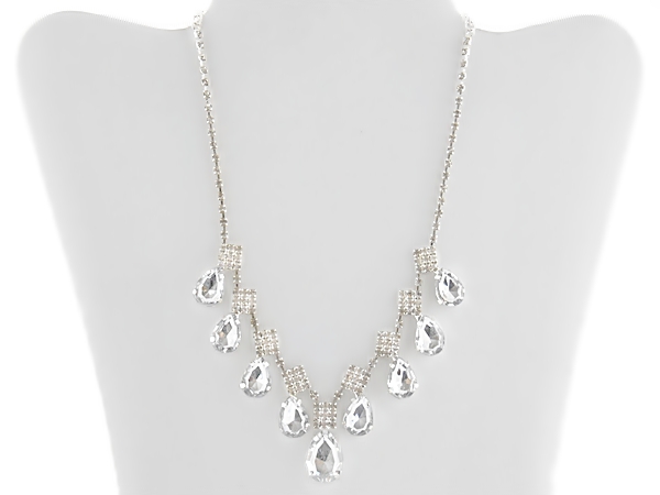 Rhinestone Teardrop Bib Necklace Set with Matching Rhinestone Post Earrings.