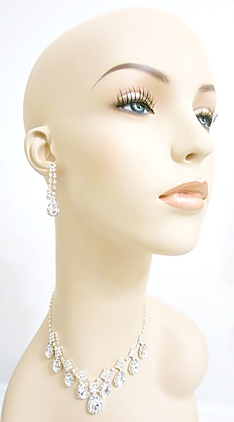 Rhinestone Teardrop Bib Necklace Set with Matching Rhinestone Post Earrings.
