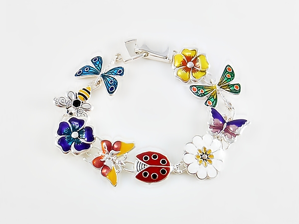 Flower garden link bracelet with butterfly, daisy, ladybug, bumble bee and other colorful Spring links with magnetic closure