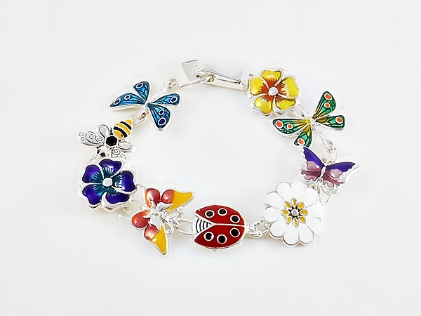 Flower garden link bracelet with butterfly, daisy, ladybug, bumble bee and other colorful Spring links with magnetic closure